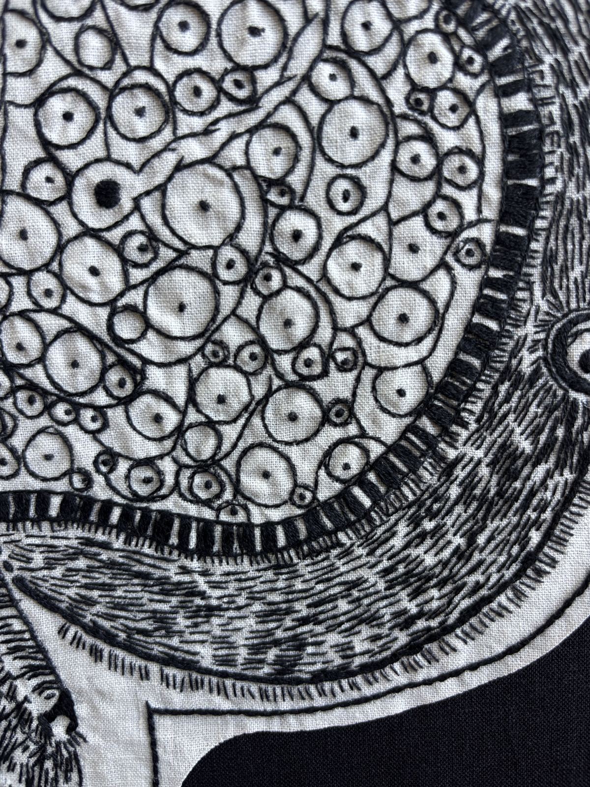 Close detail of clustered circular stitches, dense pattern